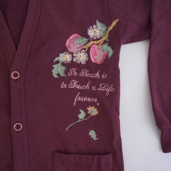 Vintage B-Wear Maroon Apple Floral Embroidered Cardigan Teacher Cabincore S - Picture 6 of 9